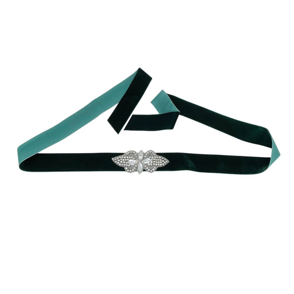 Vintage Dark Green Velvet Rhinestone Applique Waist Tie Belt 58 Inches Wedding